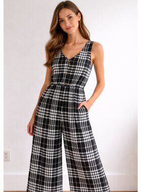 Comfy Wide Leg Jumpsuit, Sz LG Stretchy, Plaid Geometric, Slip On, New w Tags
